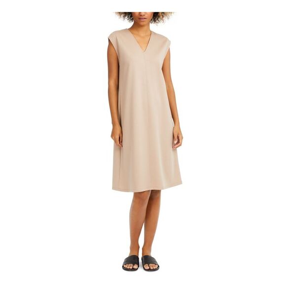 EILEEN FISHER Dresses & Skirts - EILEEN FISHER Womens Beige Cap Sleeve V Neck Above The Knee Shift Dress M